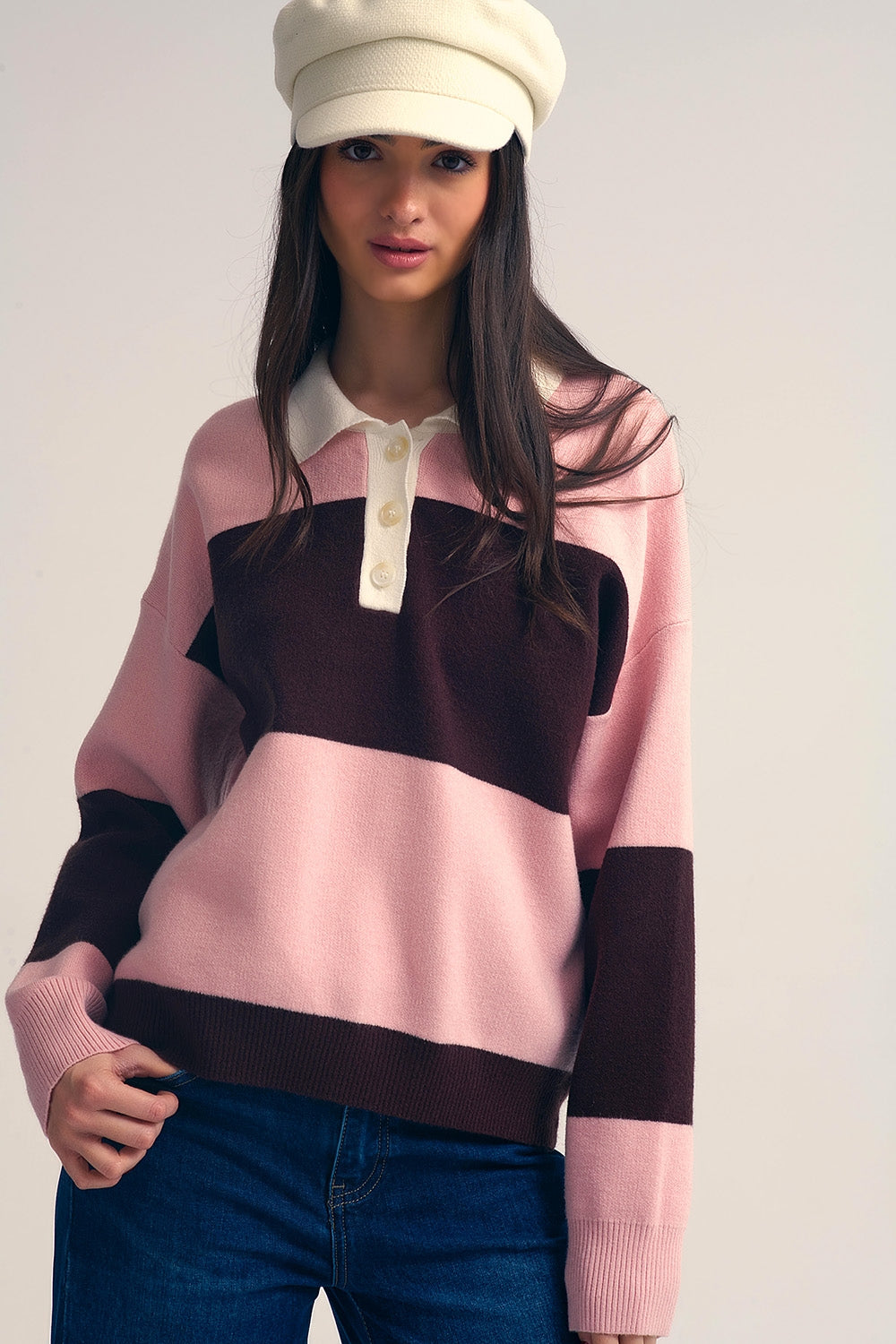 Pink Knit Polo Sweater with Brown Stripes