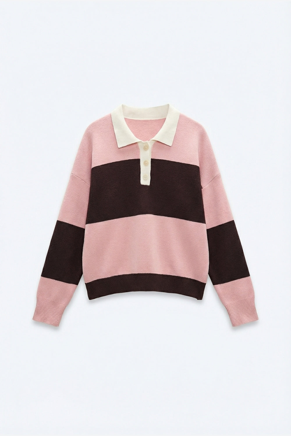 Pink Knit Polo Sweater with Brown Stripes