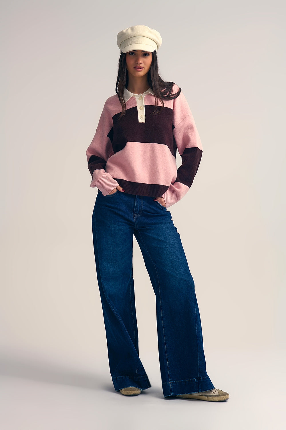 Pink Knit Polo Sweater with Brown Stripes