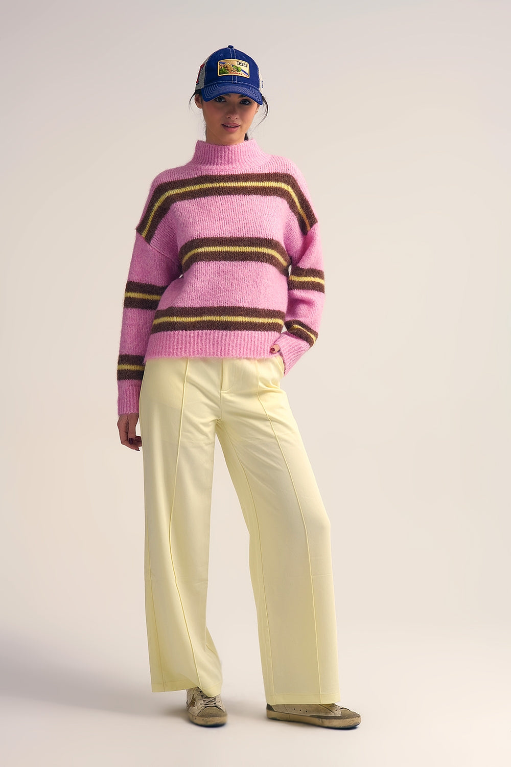 Pink Knitted Sweater with Brown and Yellow Stripes