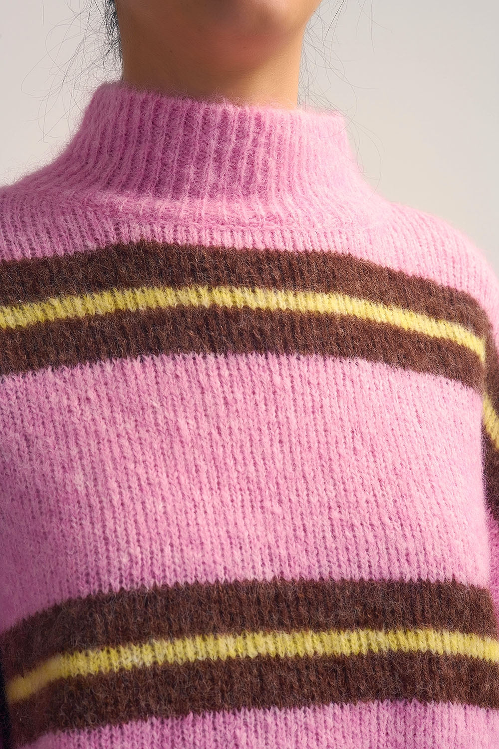 Pink Knitted Sweater with Brown and Yellow Stripes