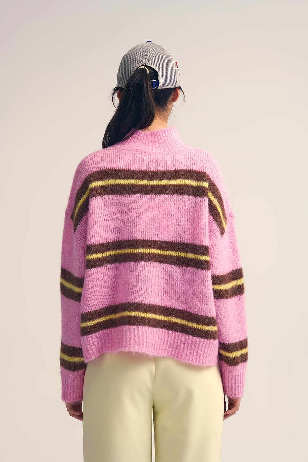 Pink Knitted Sweater with Brown and Yellow Stripes