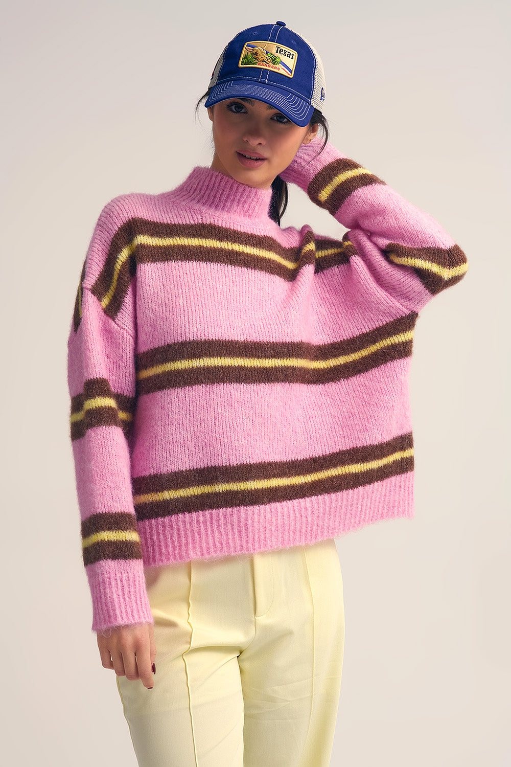 Pink Knitted Sweater with Brown and Yellow Stripes