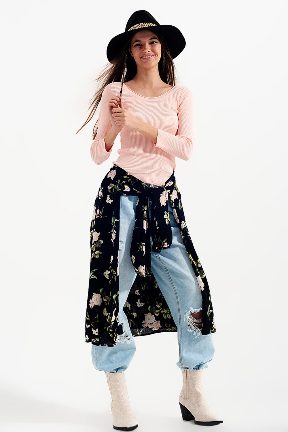 Roze gebreide trui met wijde hals