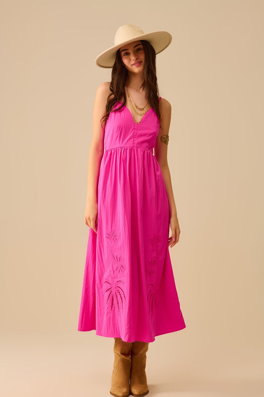 Q2 Fucshia maxi dress with embroidered palms
