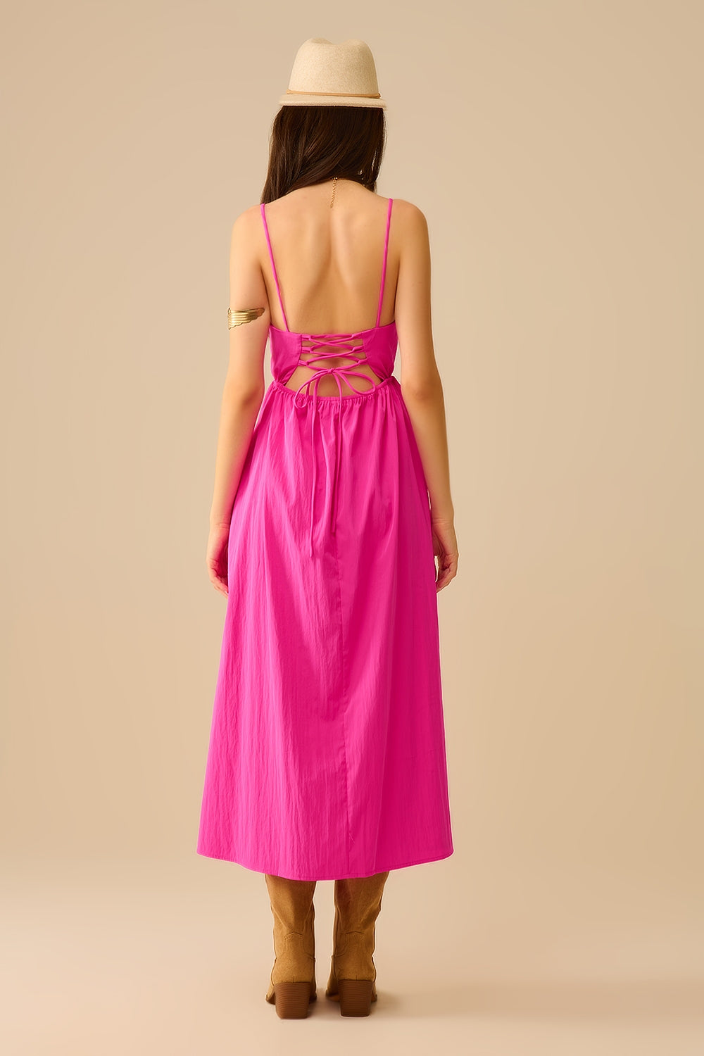 Fucshia maxi dress with embroidered palms