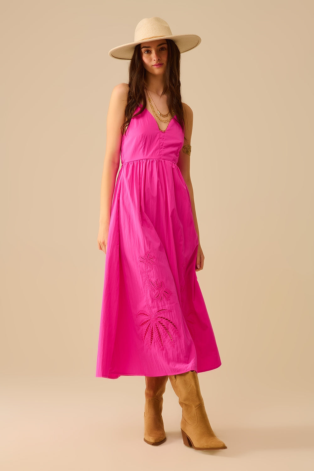Fucshia maxi dress with embroidered palms