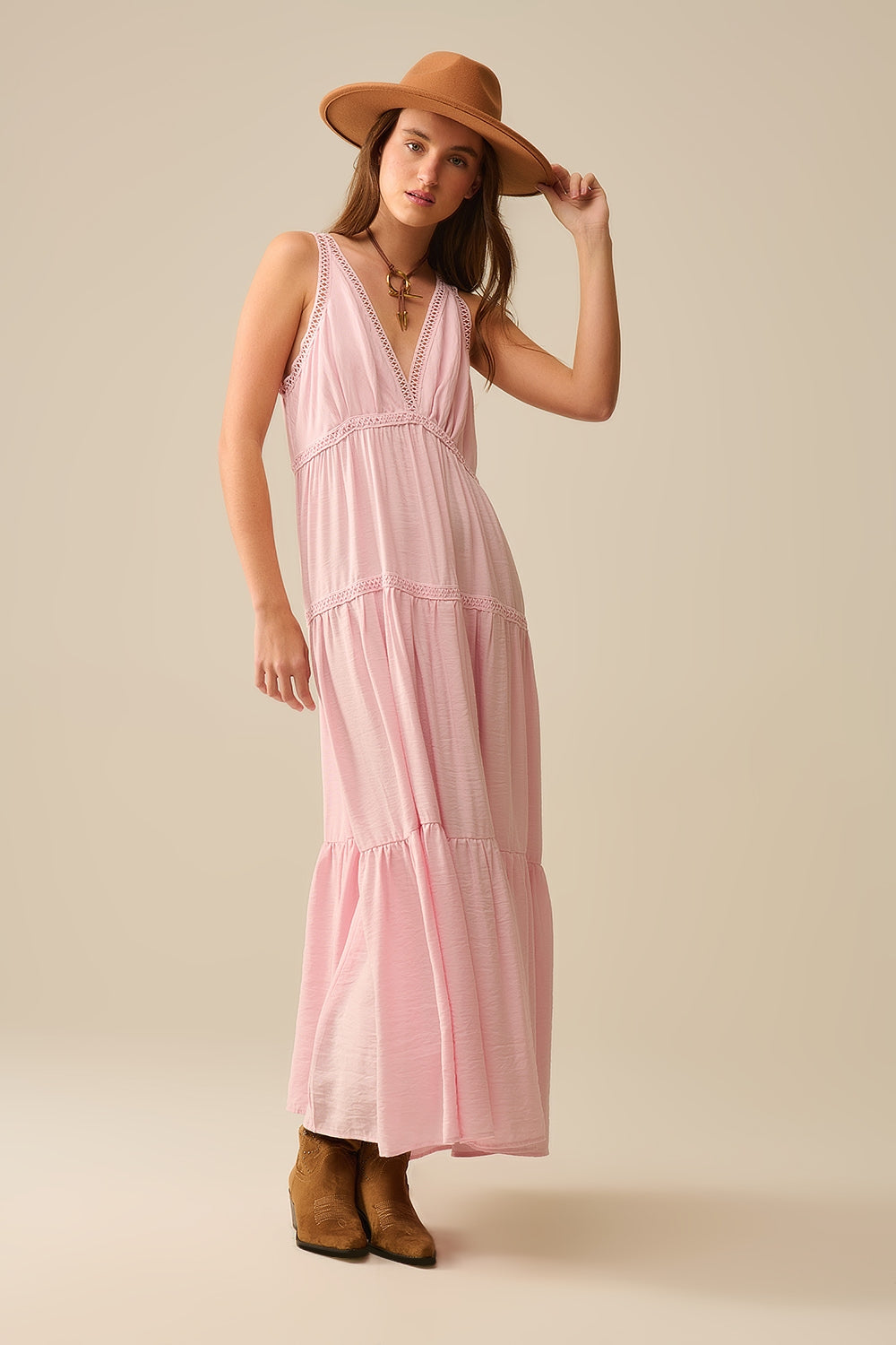 Pink Maxi Dress With Lace Details and boho style