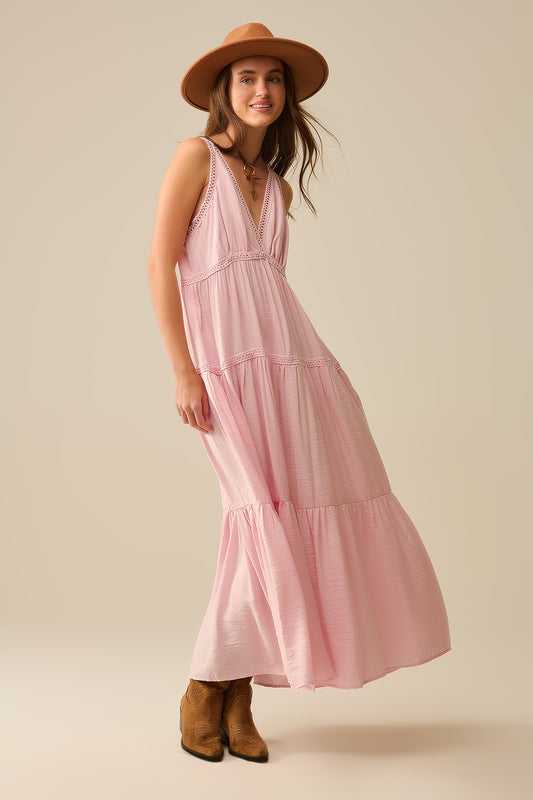 Q2 Pink Maxi Dress With Lace Details and boho style