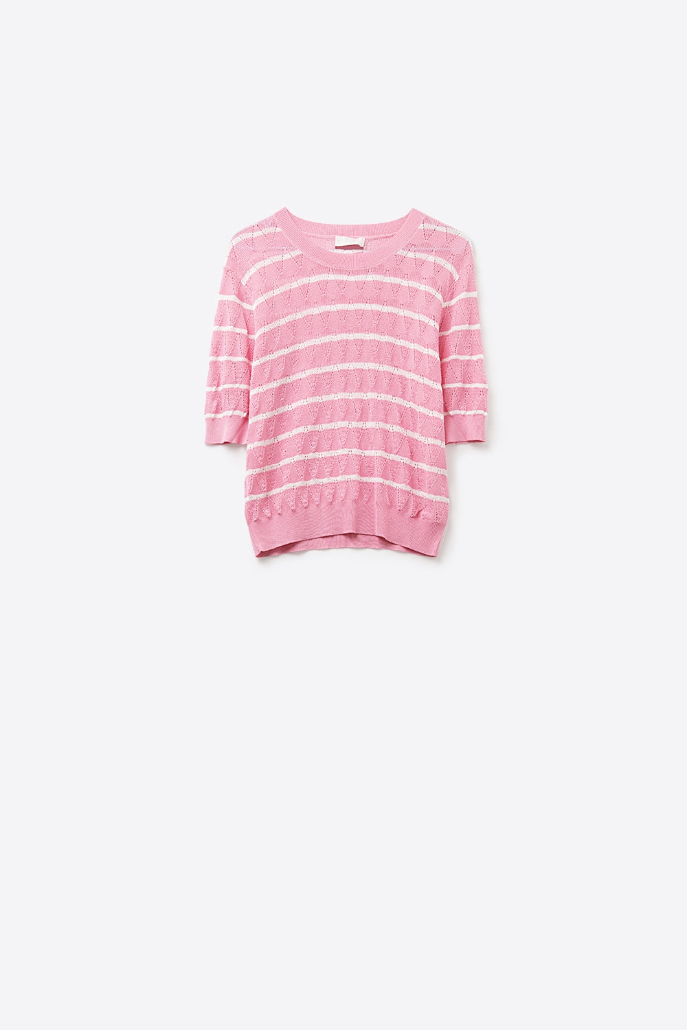Pink Openwork Knit Top with Short Sleeves and White Stripes