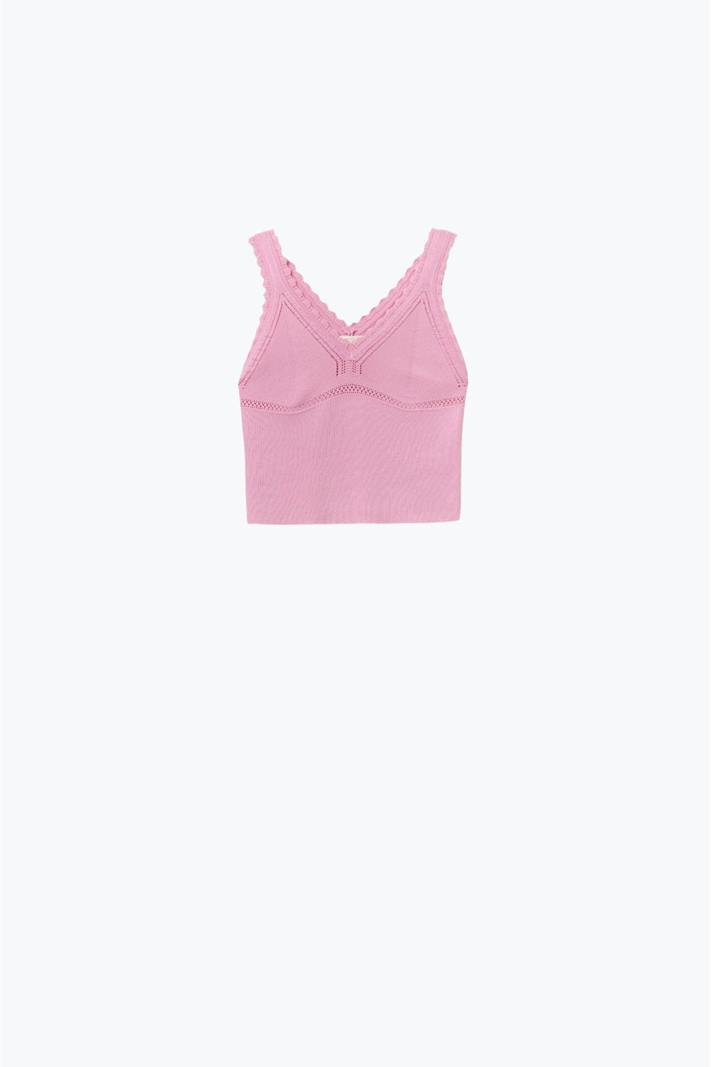 Q2 Pink Ribbed Knit Top with Scalloped V-Neck