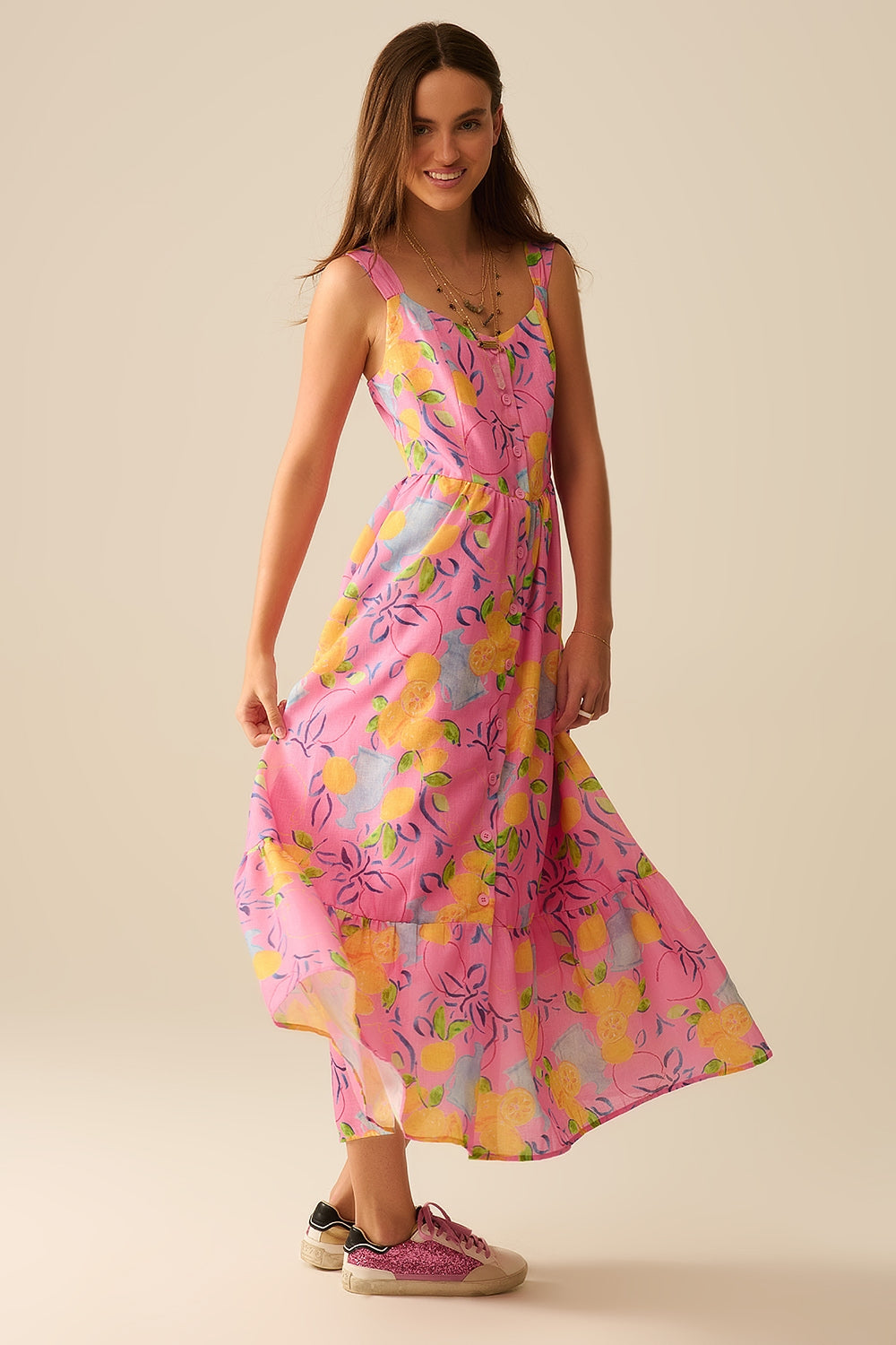 Pink Sleeveless maxi Dress with Lemon Print