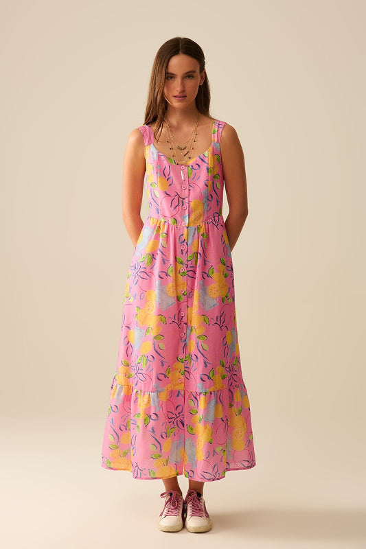 Q2 Pink Sleeveless maxi Dress with Lemon Print