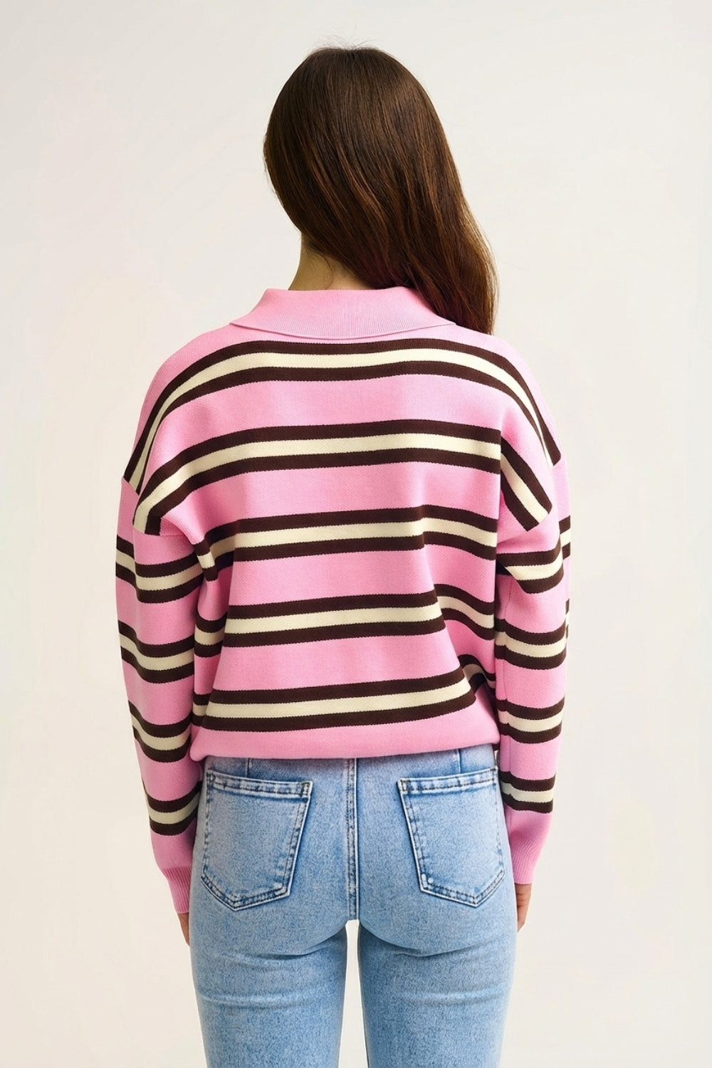 Pink Striped Knit Polo Sweater with Relaxed Fit