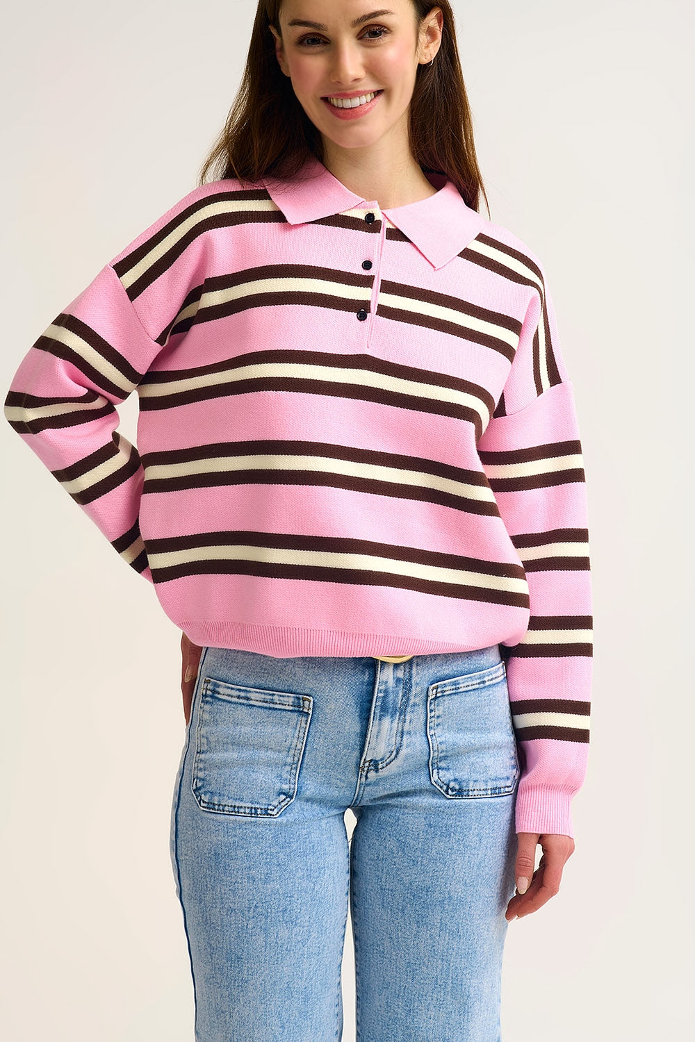 Pink Striped Knit Polo Sweater with Relaxed Fit