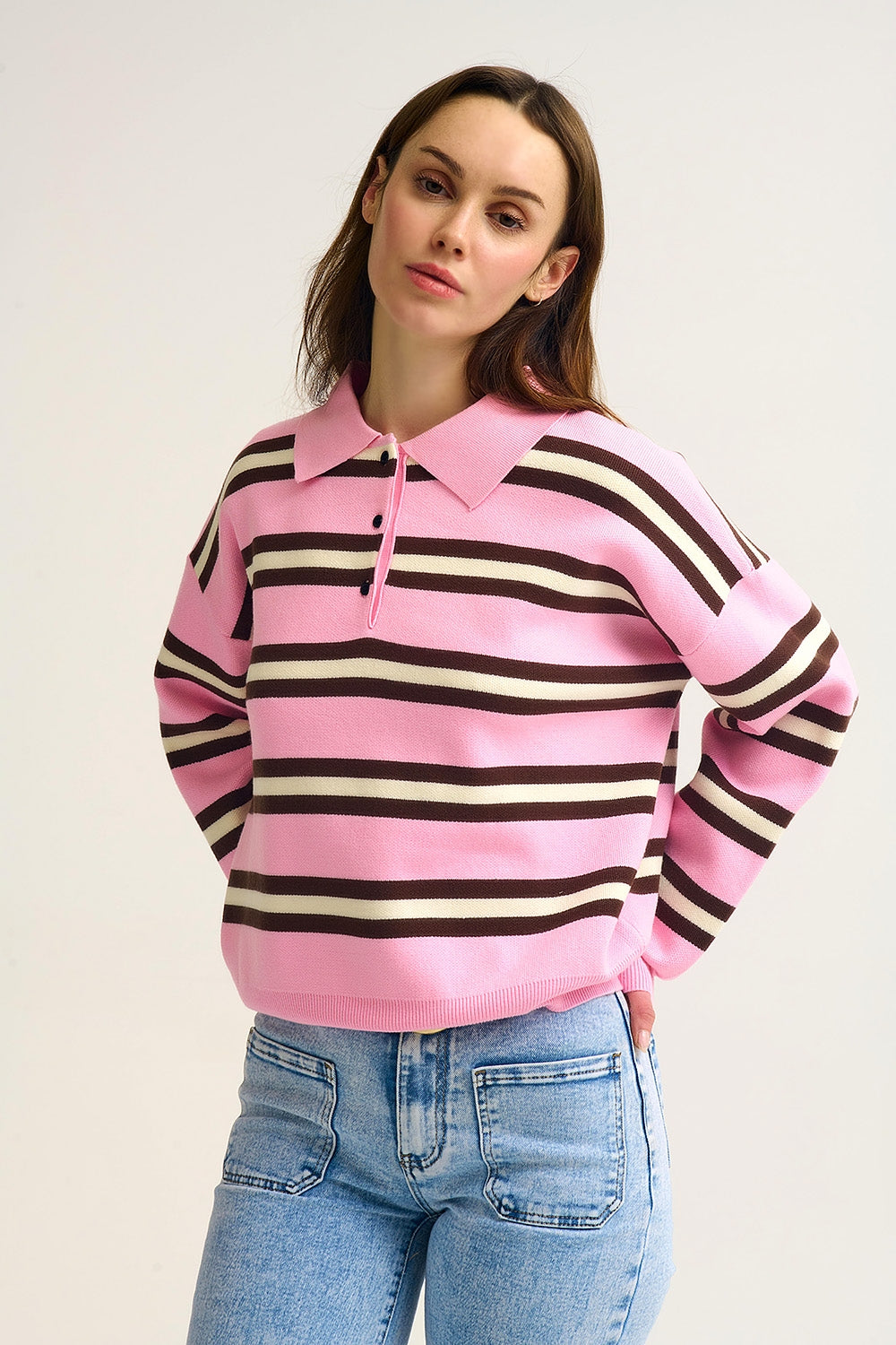 Pink Striped Knit Polo Sweater with Relaxed Fit