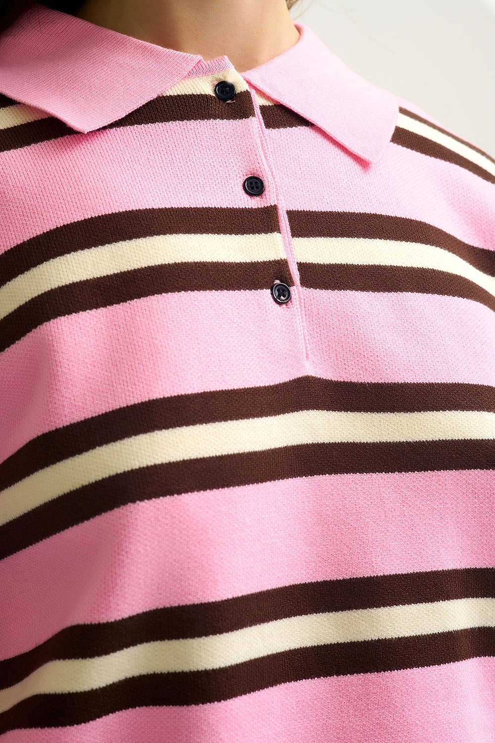 Pink Striped Knit Polo Sweater with Relaxed Fit