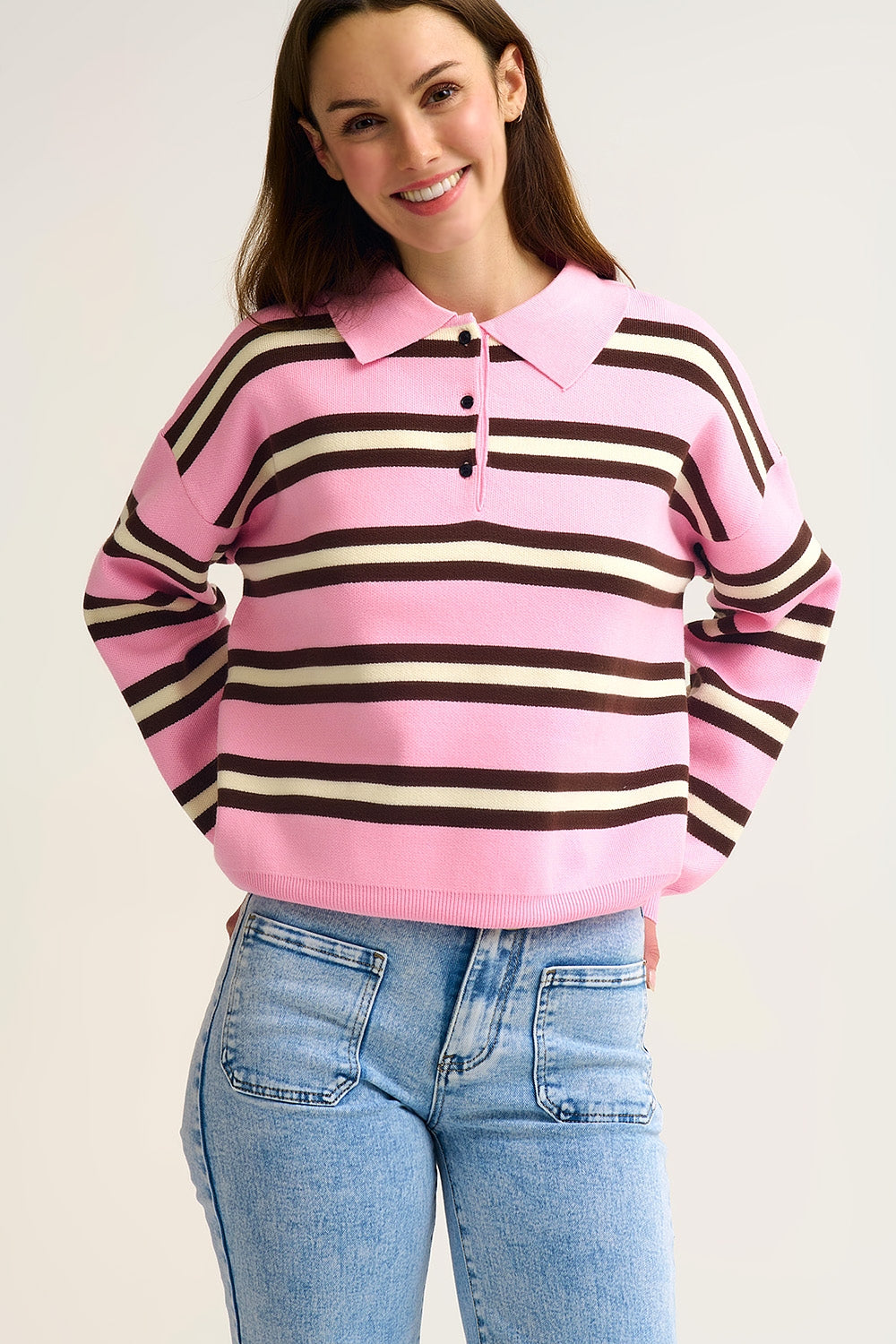 Q2 Pink Striped Knit Polo Sweater with Relaxed Fit