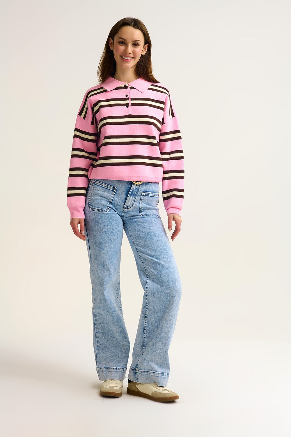 Pink Striped Knit Polo Sweater with Relaxed Fit