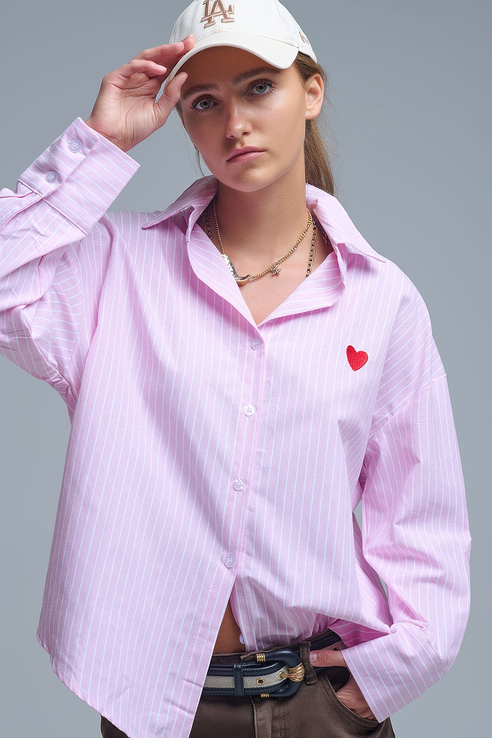 Pink Striped shirt with red heart embroidery