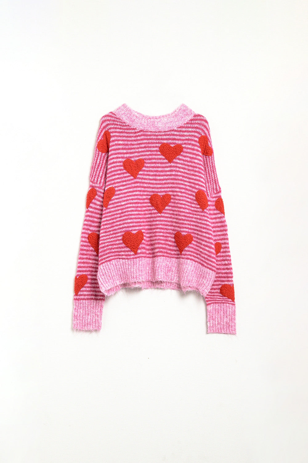 Camisola listrada rosa com corações na cor vermelha