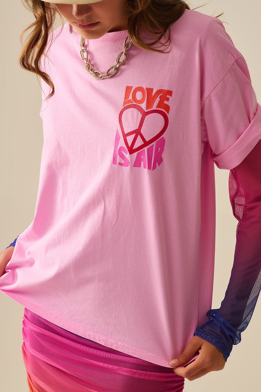 Q2 Pink T-Shirt with Love is Air and Heart with Peace logo