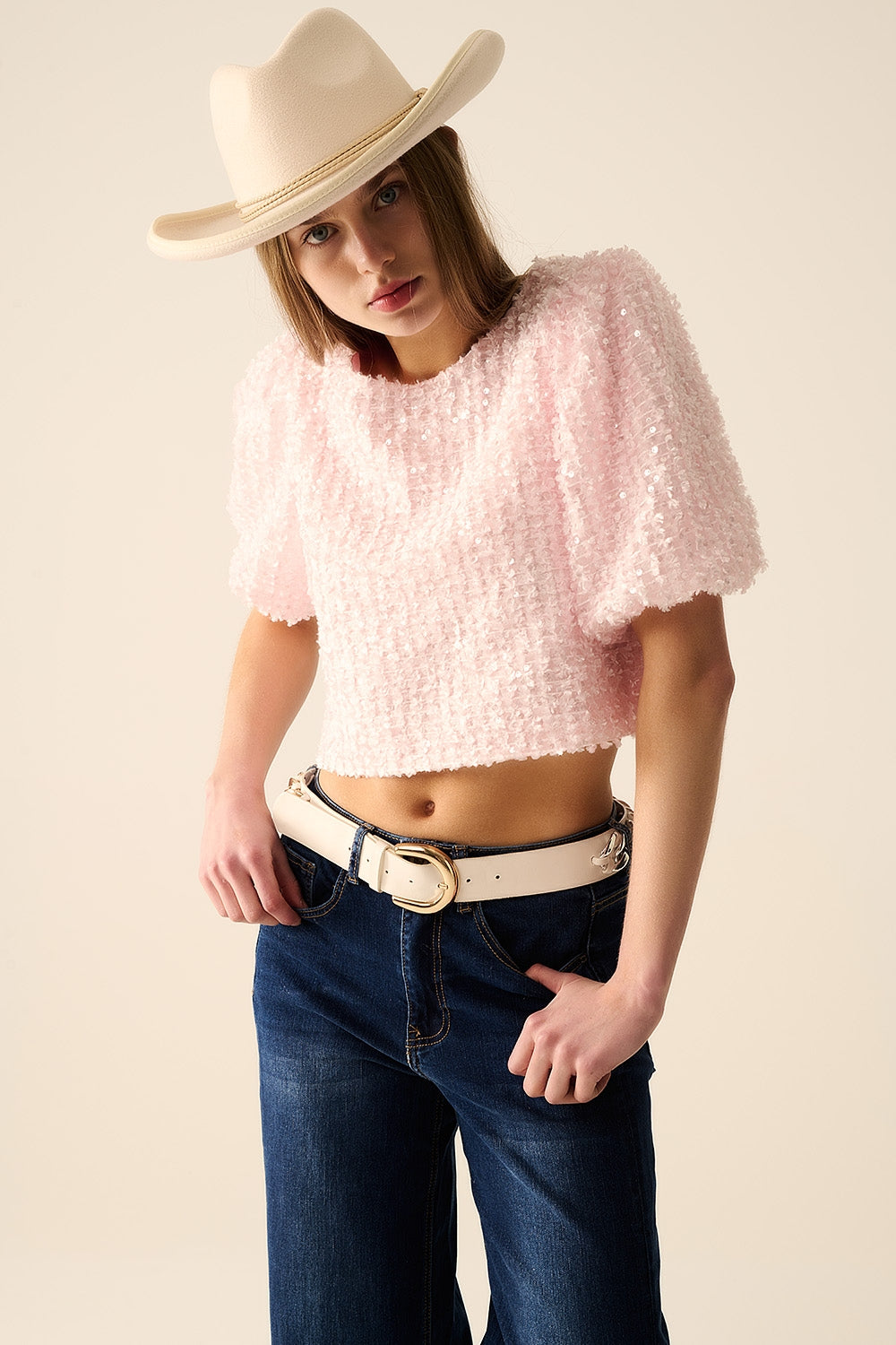 Pink top with sequin detail and balloon sleeves