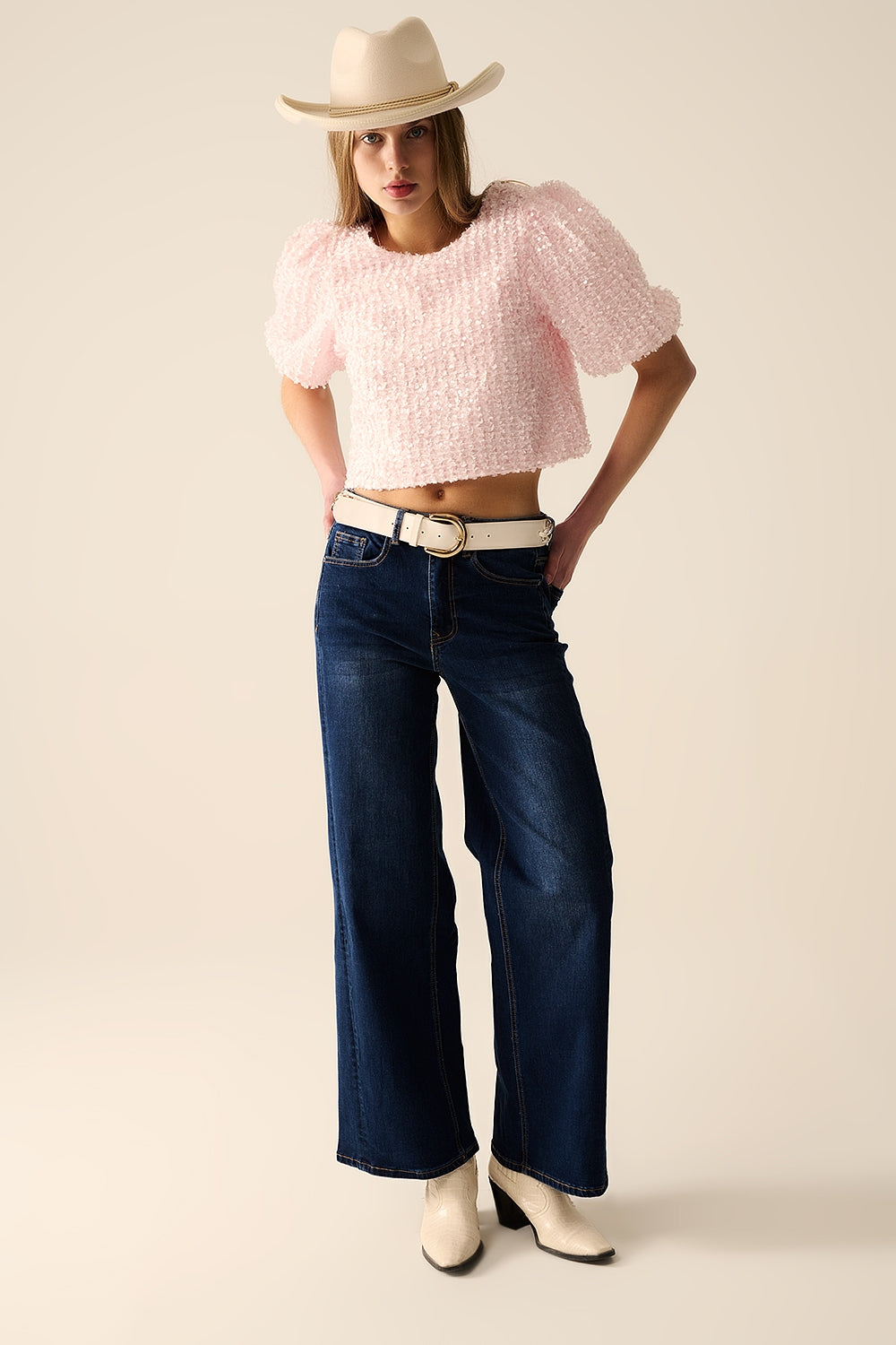 Pink top with sequin detail and balloon sleeves