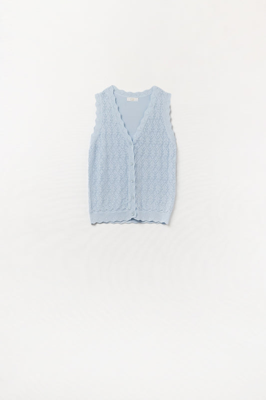 Q2 Pointelle Knitted Vest With Scalloped Edges in Baby Blue