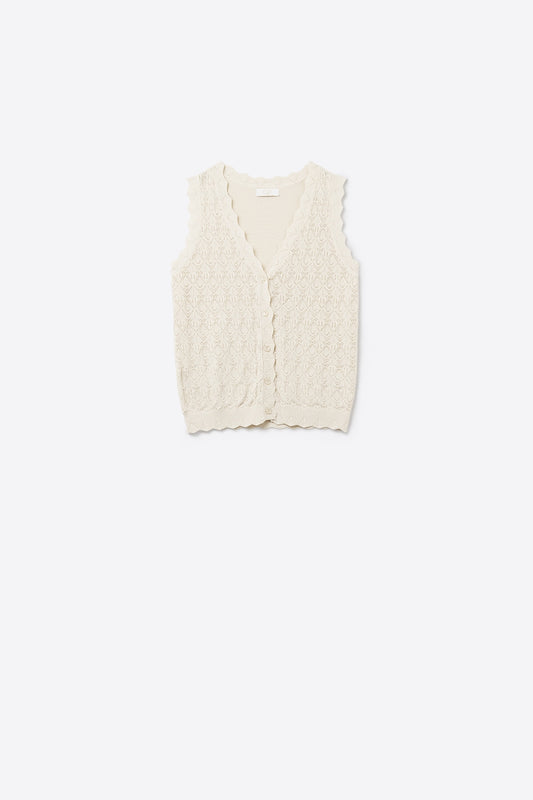 Q2 Pointelle Knitted Vest With Scalloped Edges in Beige