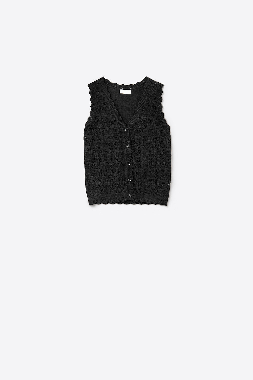 Q2 Pointelle Knitted Vest With Scalloped Edges in Black