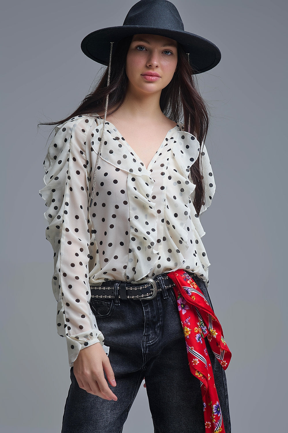 Polka Dot Button-Up chiffon Shirt with Ruffles