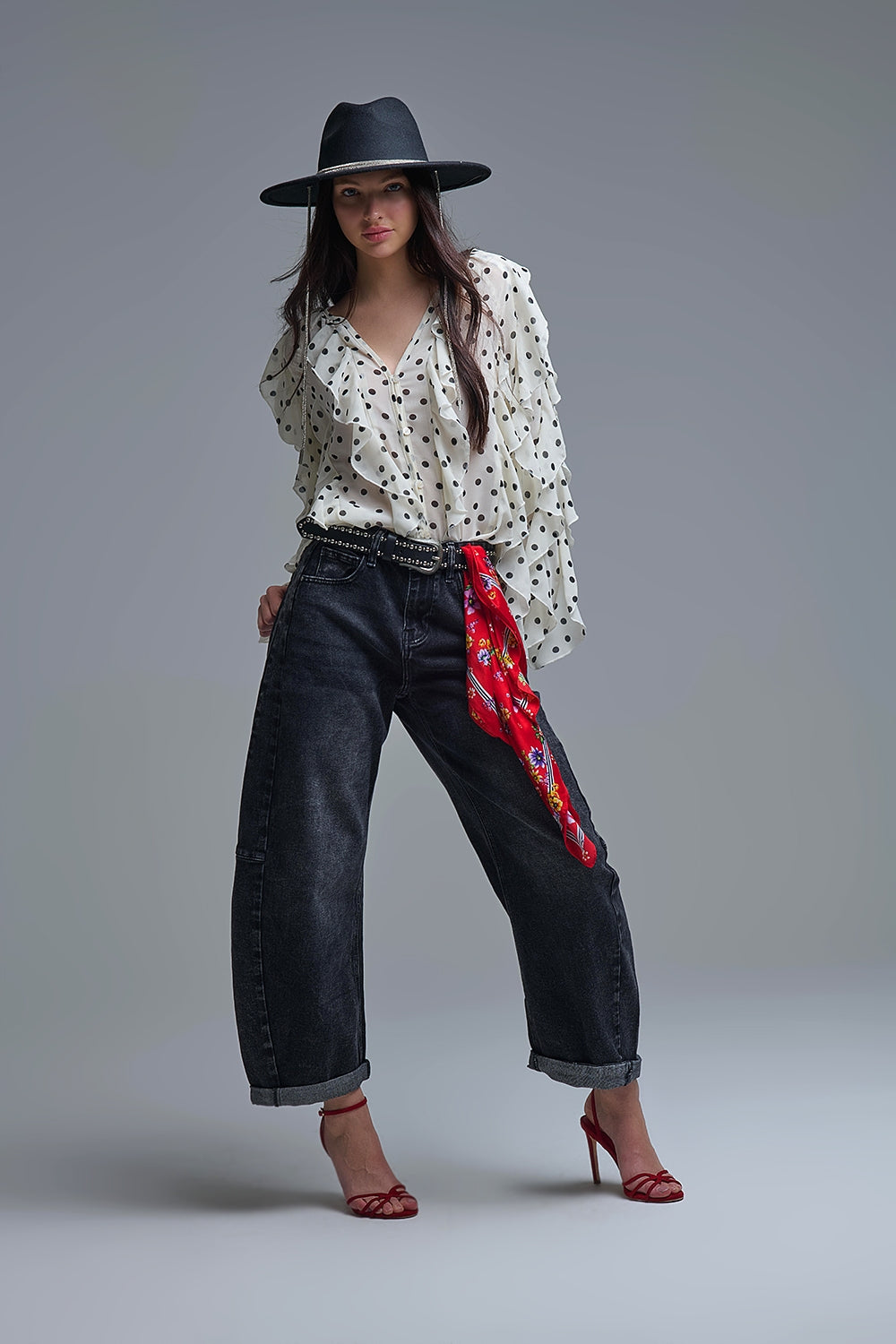 Polka Dot Button-Up chiffon Shirt with Ruffles