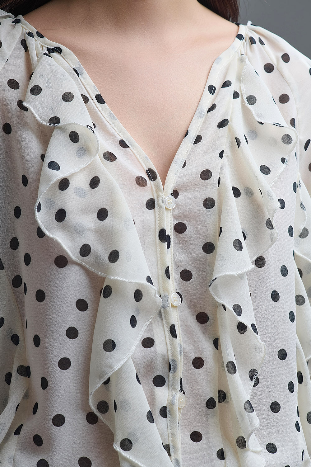 Polka Dot Button-Up chiffon Shirt with Ruffles