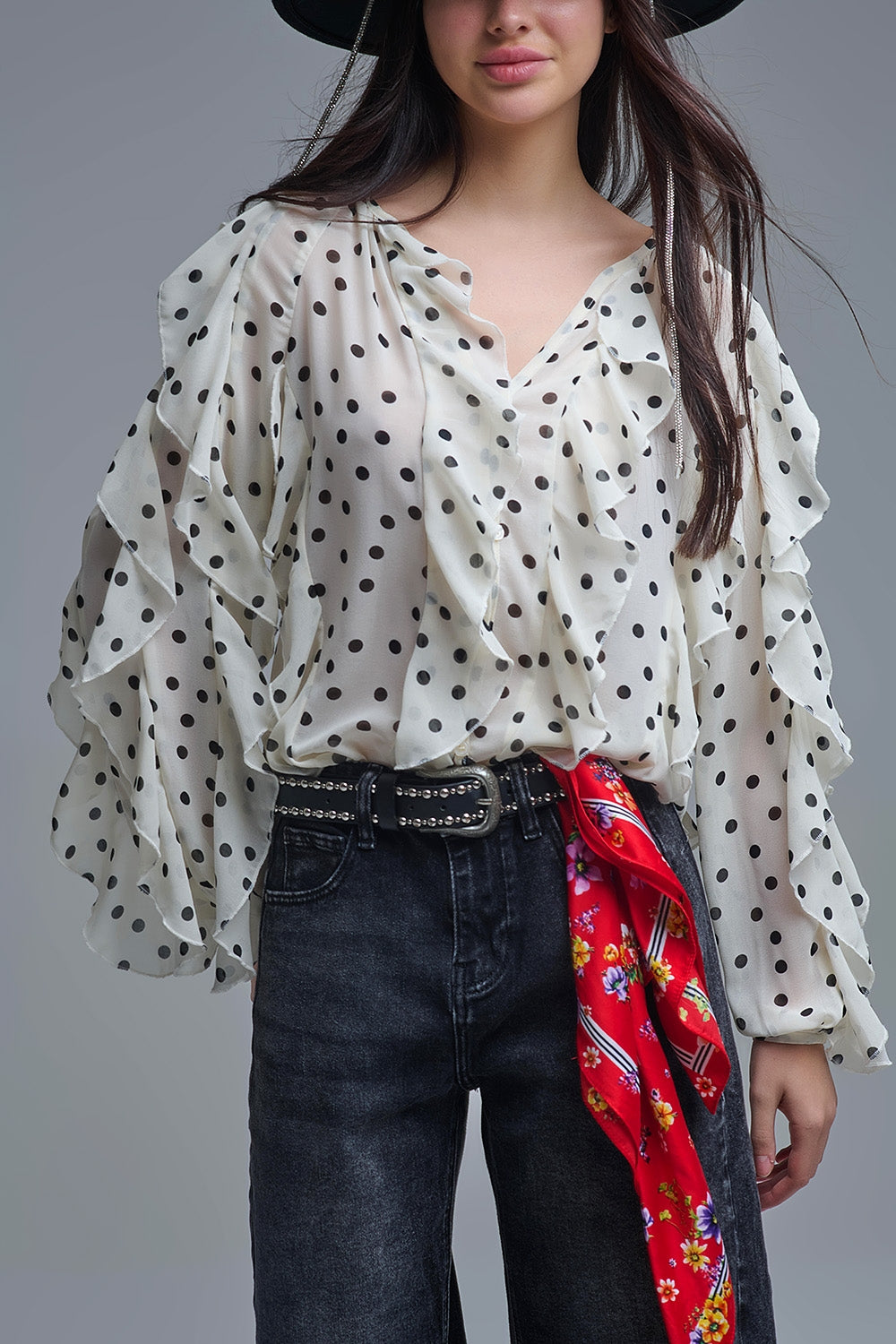 Polka Dot Button-Up chiffon Shirt with Ruffles