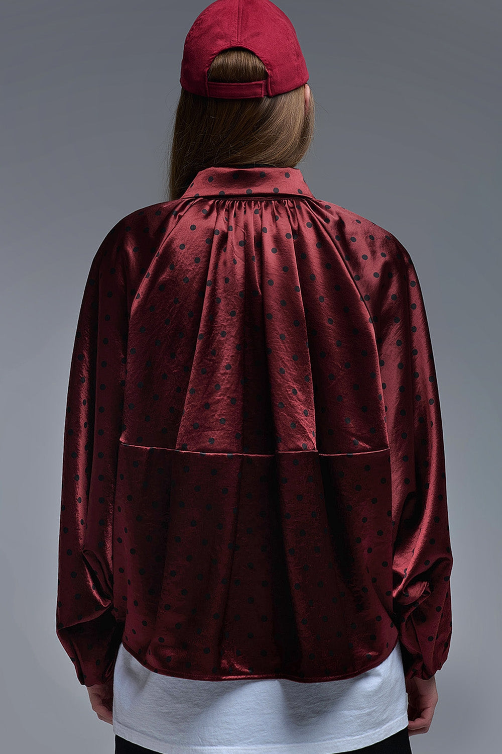 Polka Dot Satin Bommer Jacket in Burgundy