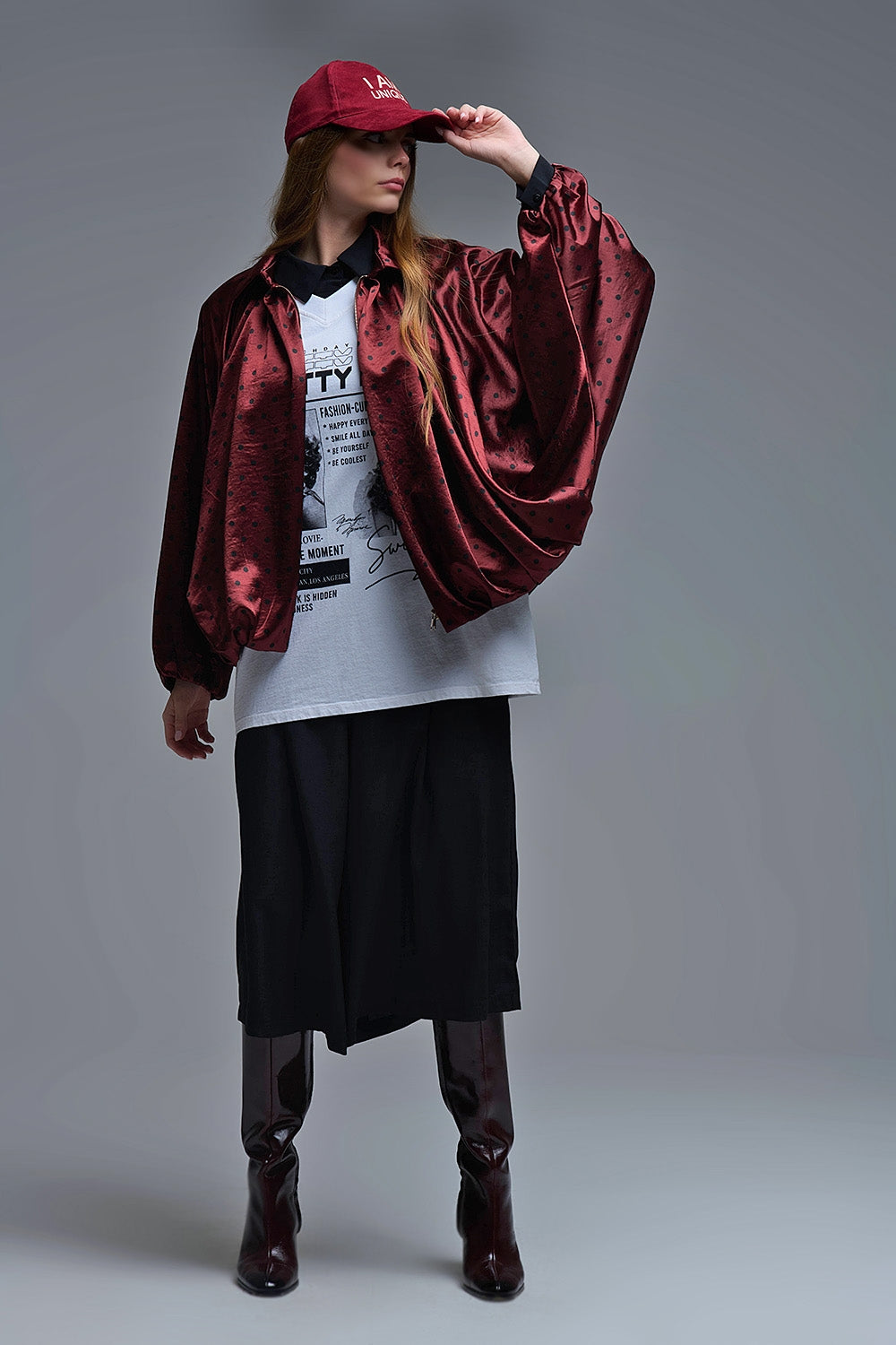 Polka Dot Satin Bommer Jacket in Burgundy