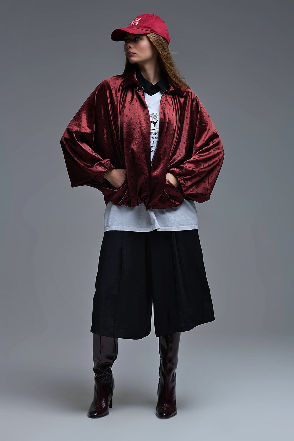 Polka Dot Satin Bommer Jacket in Burgundy