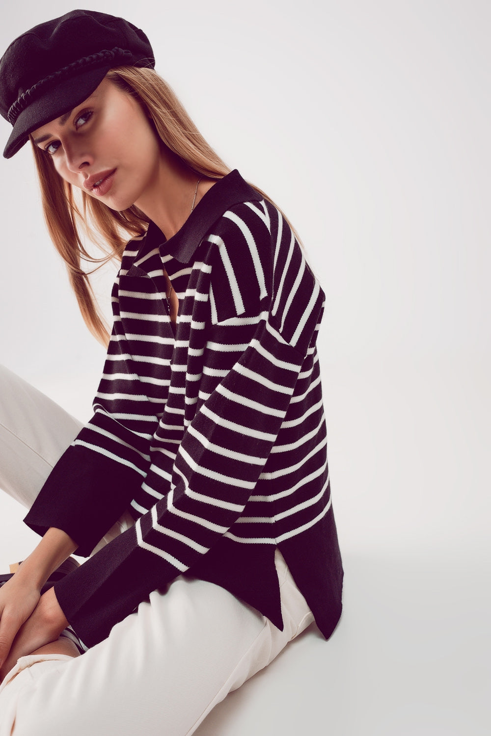 Polo neck sweater in black stripe