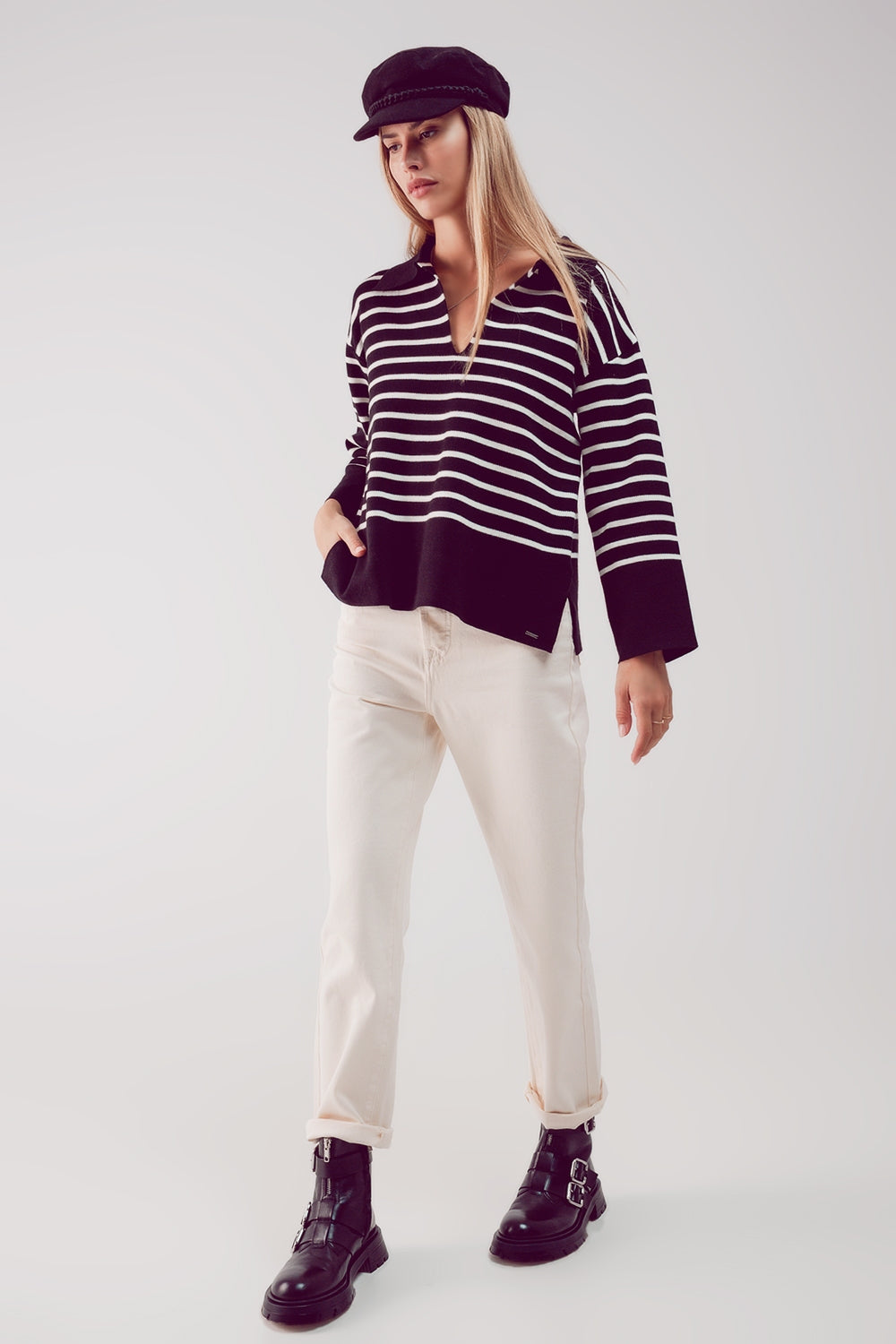 Polo neck sweater in black stripe