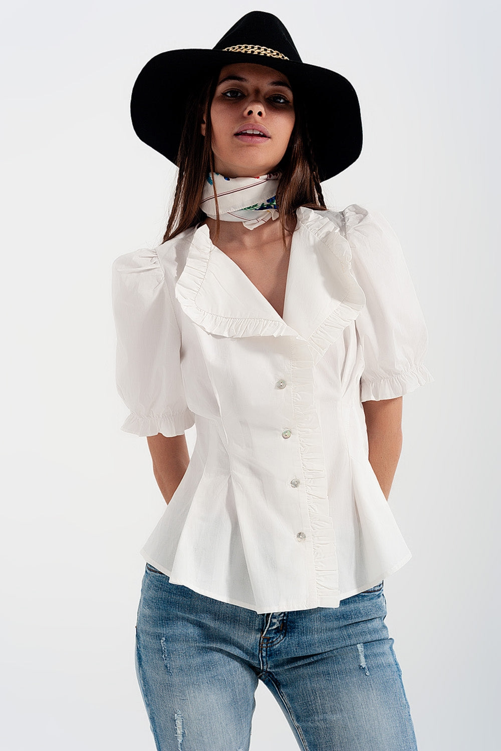 Q2 Poplin frill detail wrap blouse in cream