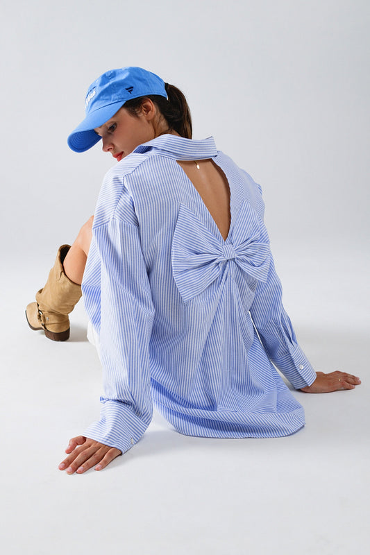 Poplin Oversize Striped Shirt With Bow Detail in Blue and White