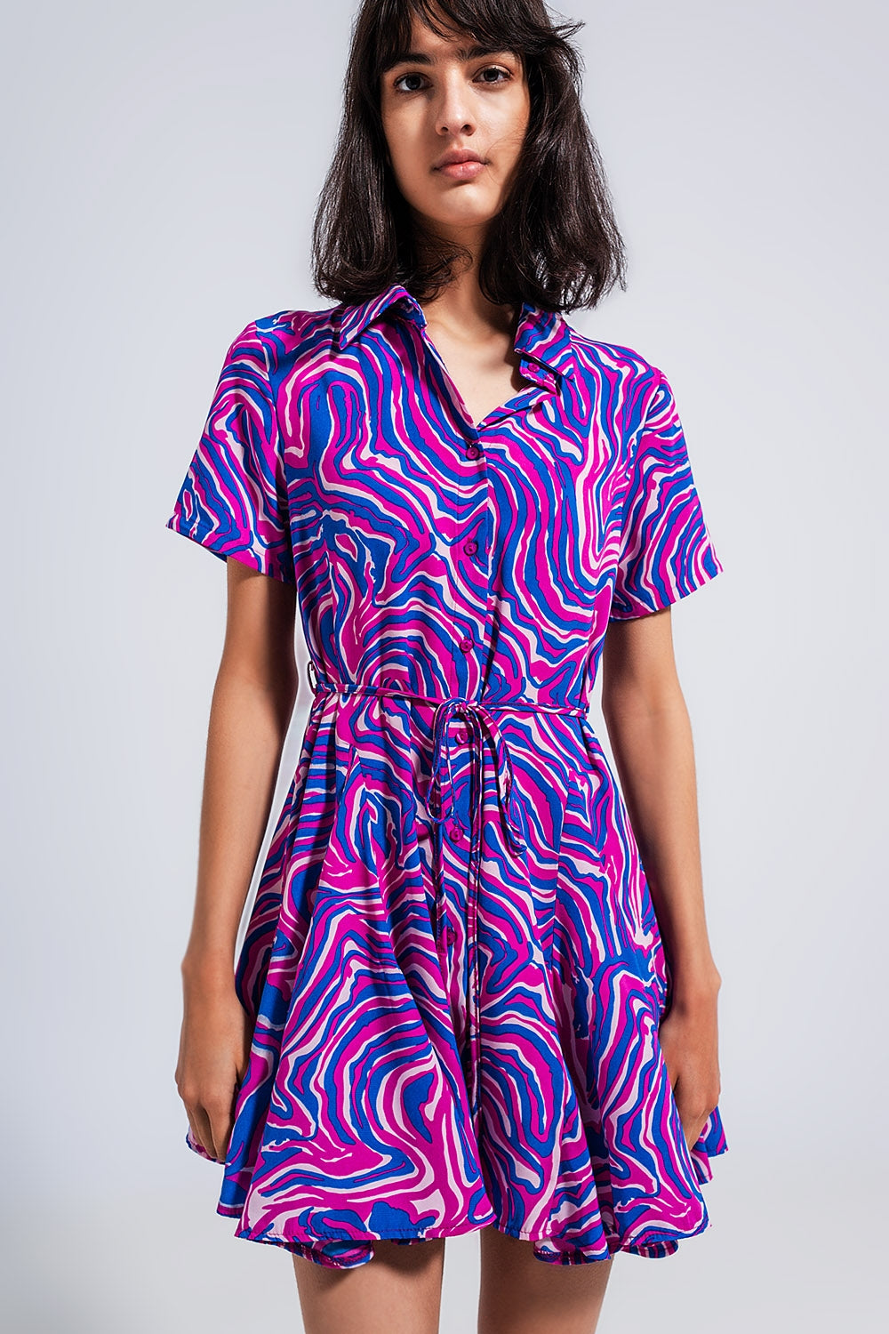 Printed mini dress with tie waist in purple