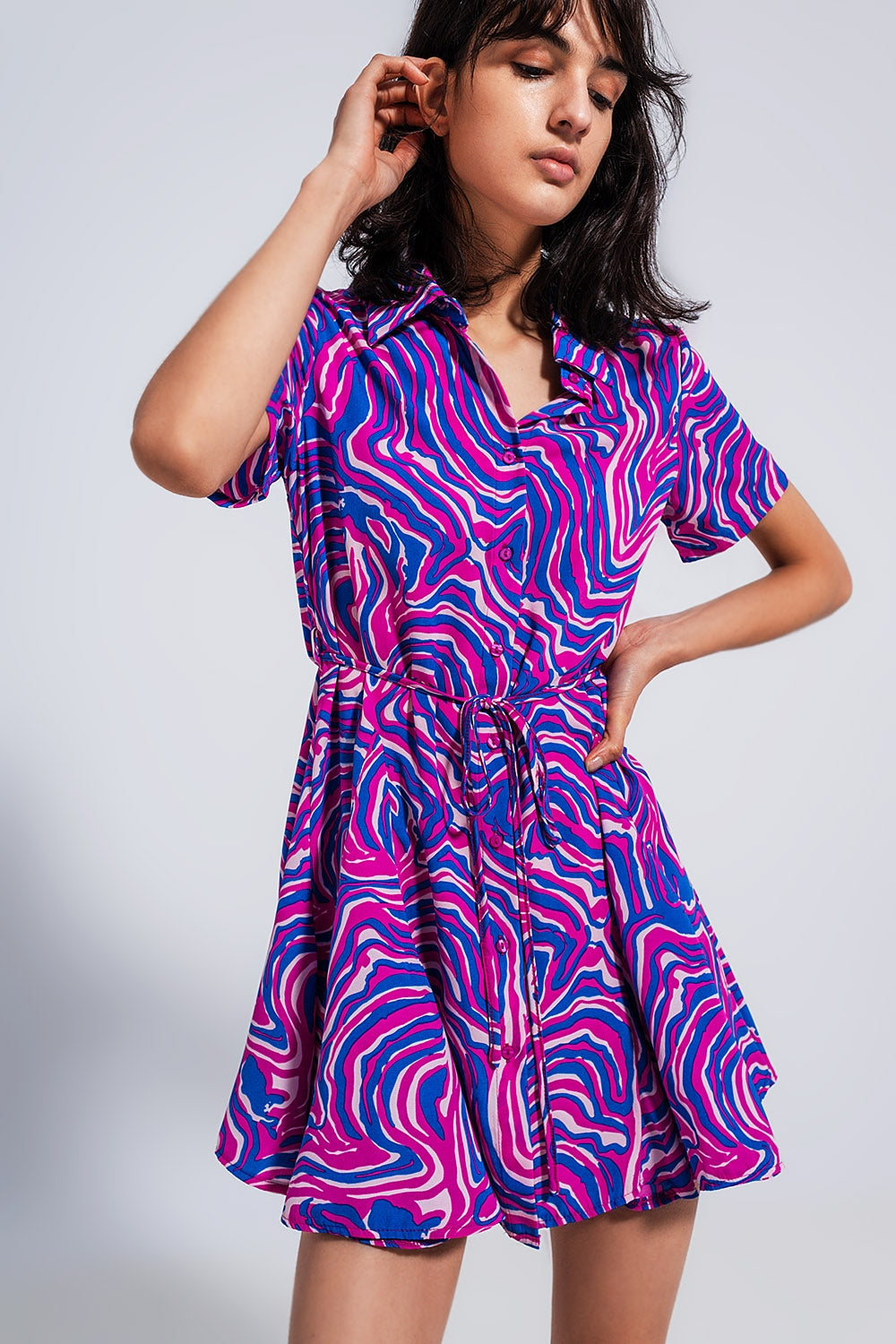 Printed mini dress with tie waist in purple