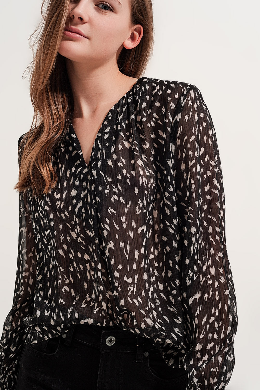 Printed sheer long sleeve blouse