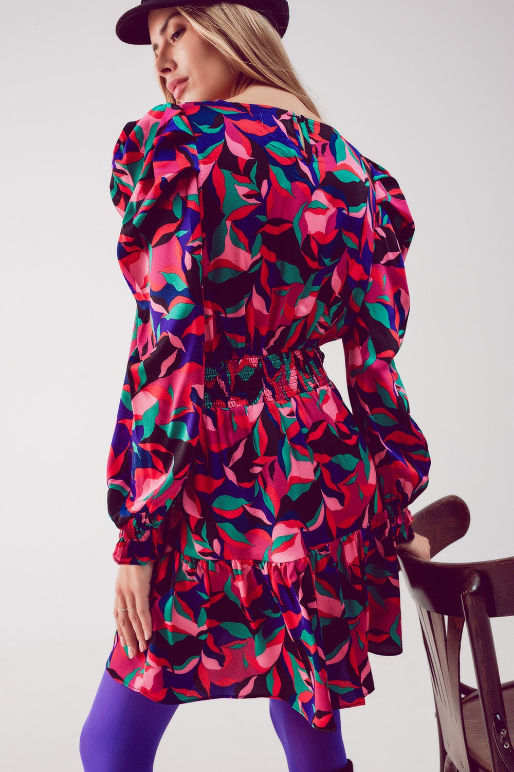 Puff sleeve mini dress in black