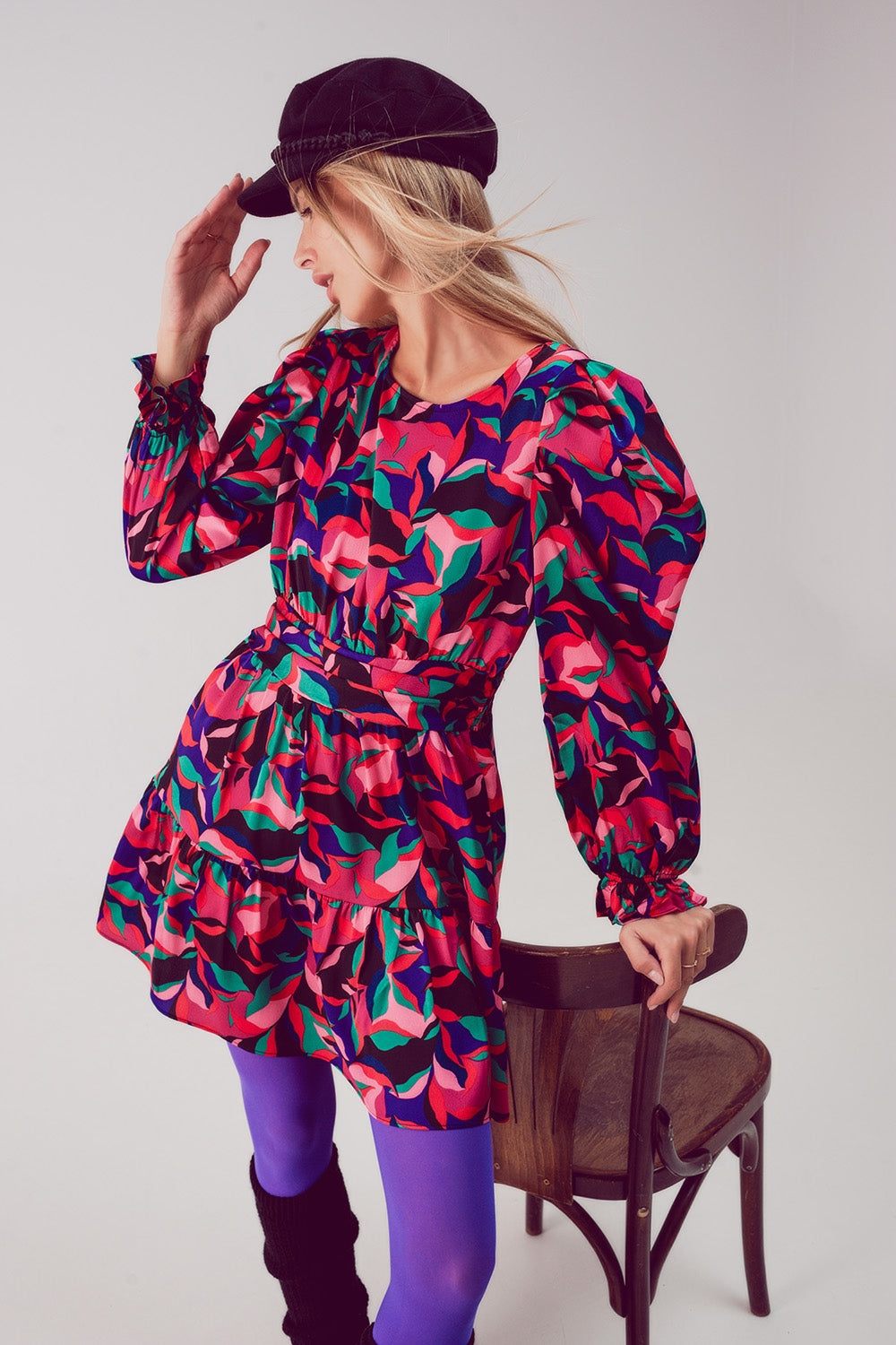 Puff sleeve mini dress in black