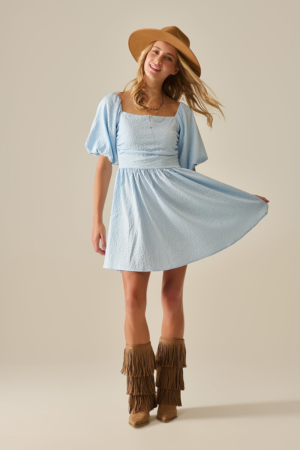 Q2 Puff Sleeve Textured Mini Dress in Light Blue