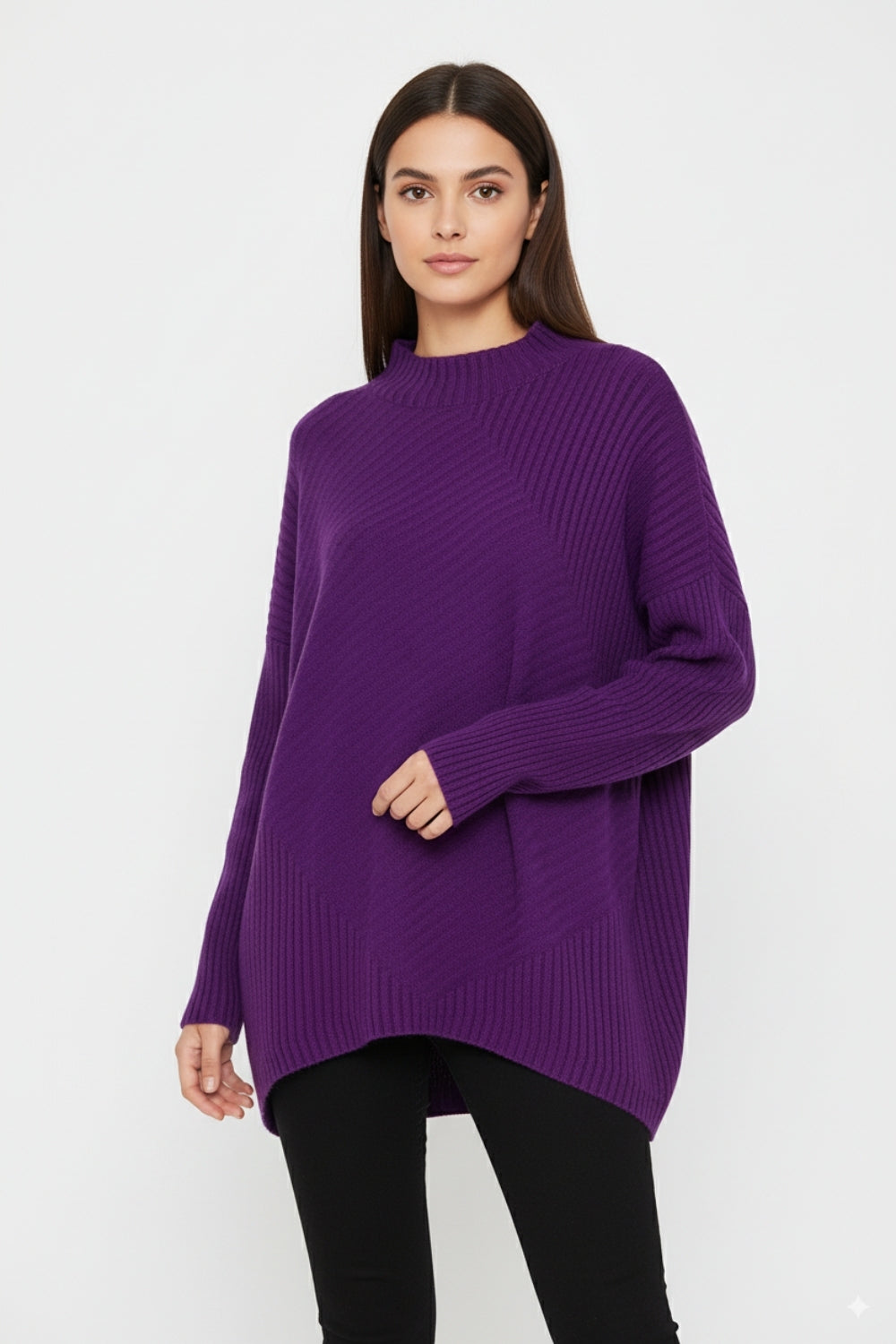 Purple Asymmetric Ribbed Knit Sweater Tunic