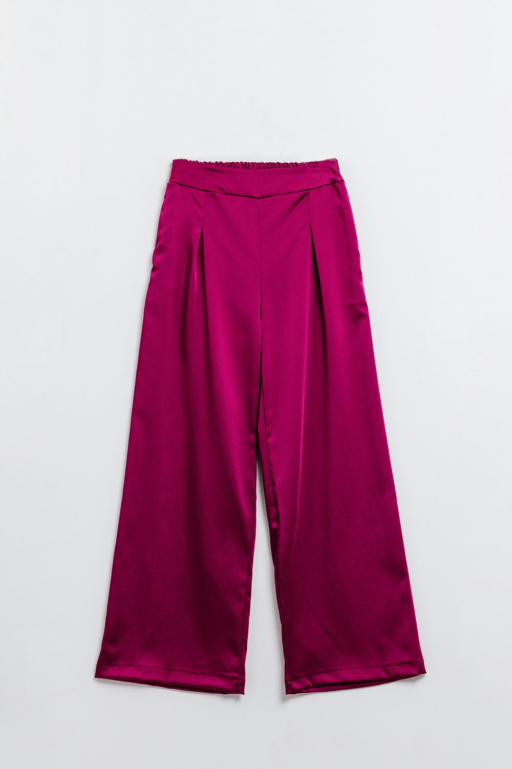 Q2 Raspberry High Waist Satin Wide Leg Pants